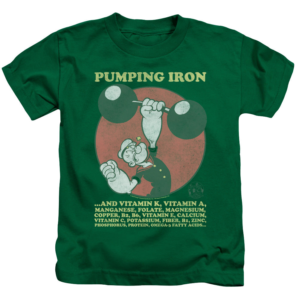 Popeye Pumping Iron Juvenile Kids Youth T Shirt Kelly Green