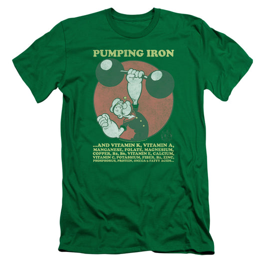 Popeye Pumping Iron Slim Fit Mens T Shirt Kelly Green