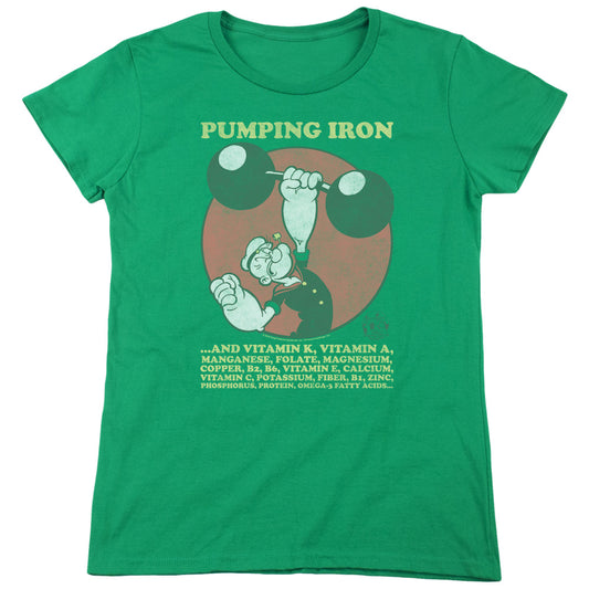 Popeye Pumping Iron Womens T Shirt Kelly Green