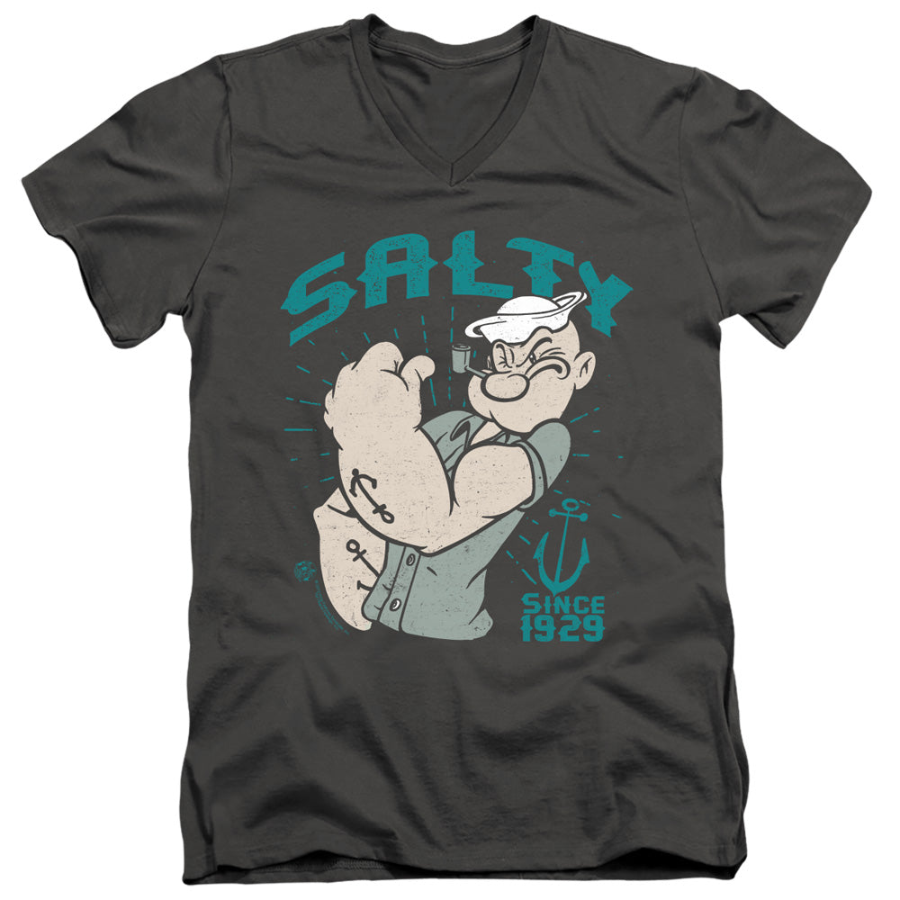 Popeye Salty Since Mens Slim Fit V Neck T Shirt Charcoal