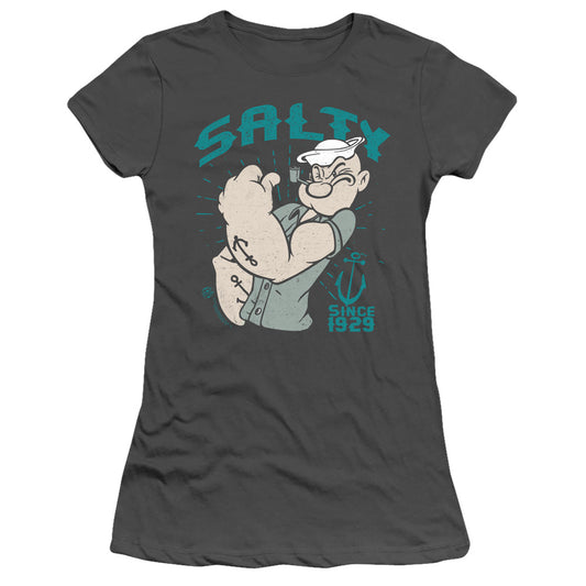 Popeye Salty Since Junior Sheer Cap Sleeve Womens T Shirt Charcoal