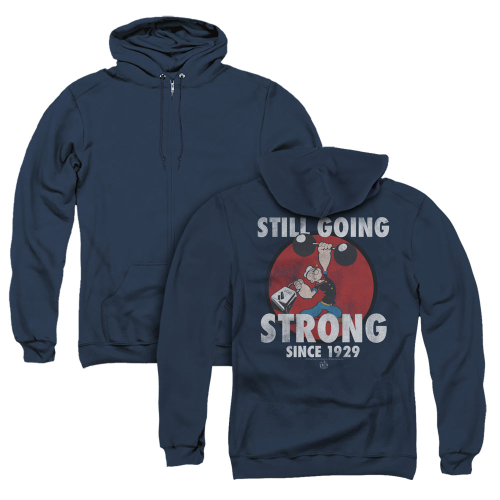 Popeye Still Going Strong Back Print Zipper Mens Hoodie Navy