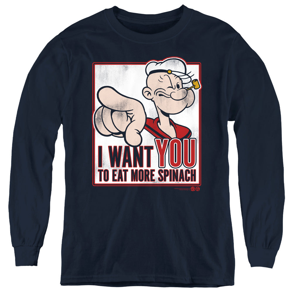 Popeye I Want You Long Sleeve Kids Youth T Shirt Navy