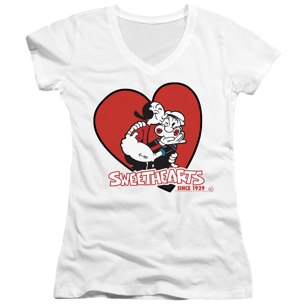 Popeye Sweethearts Junior Sheer Cap Sleeve V Neck Womens T Shirt White