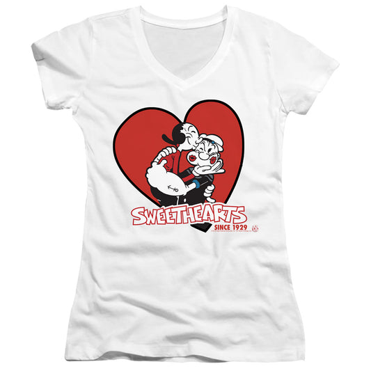 Popeye Sweethearts Junior Sheer Cap Sleeve V Neck Womens T Shirt White