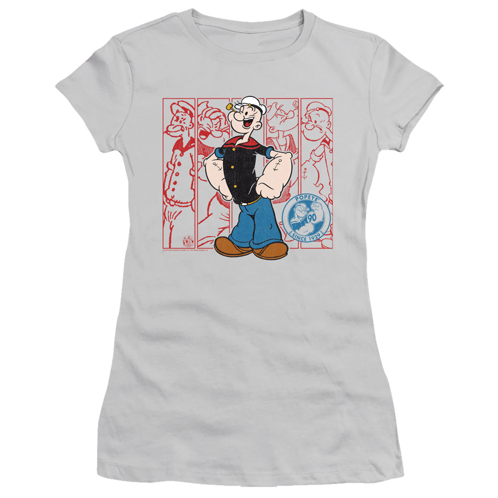 Popeye Through The Years Junior Sheer Cap Sleeve Womens T Shirt Silver