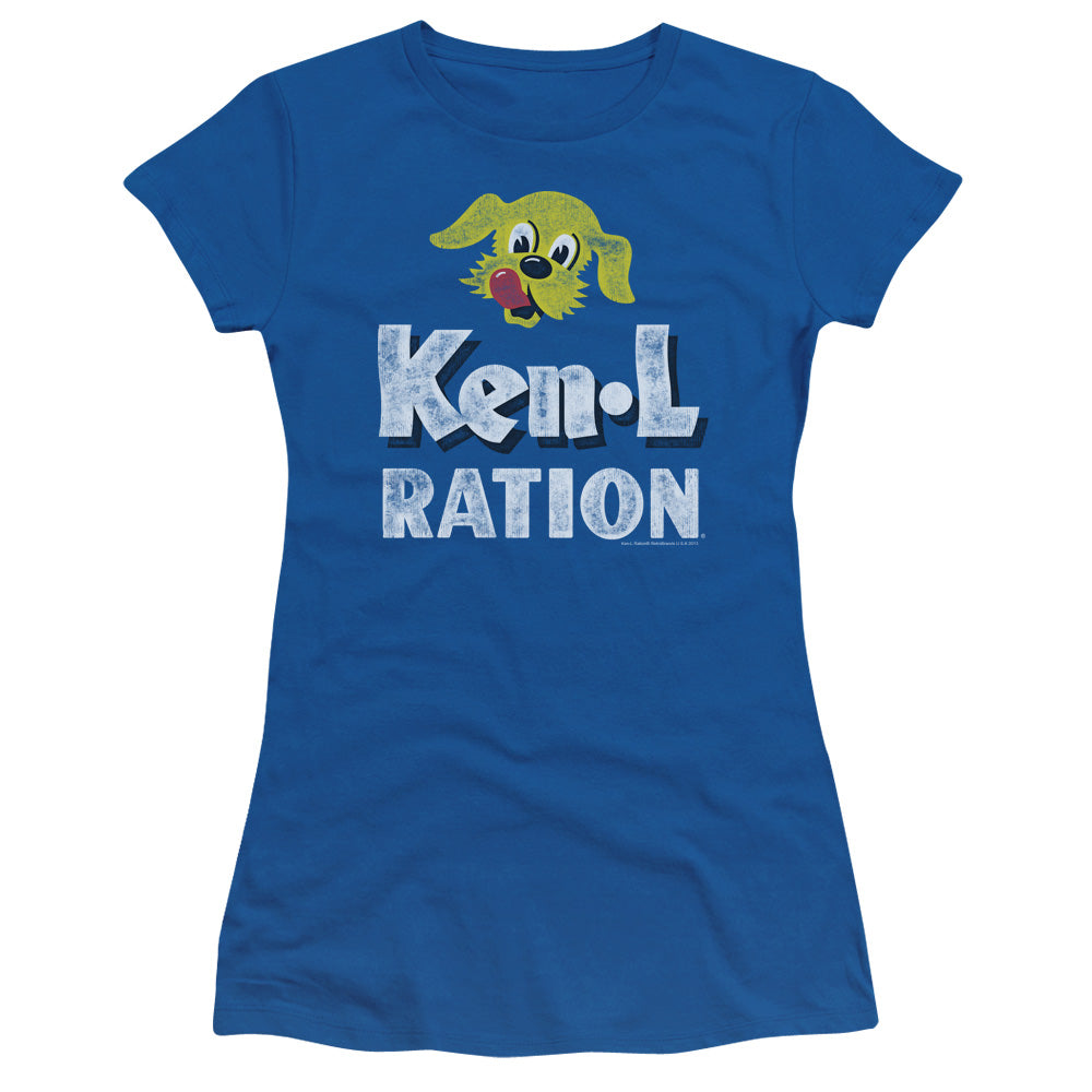 Ken L Ration Distressed Logo Junior Sheer Cap Sleeve Womens T Shirt Royal Blue