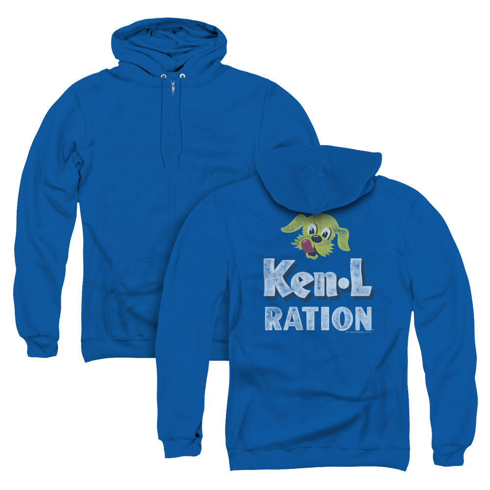 Ken L Ration Distressed Logo Back Print Zipper Mens Hoodie Royal Blue