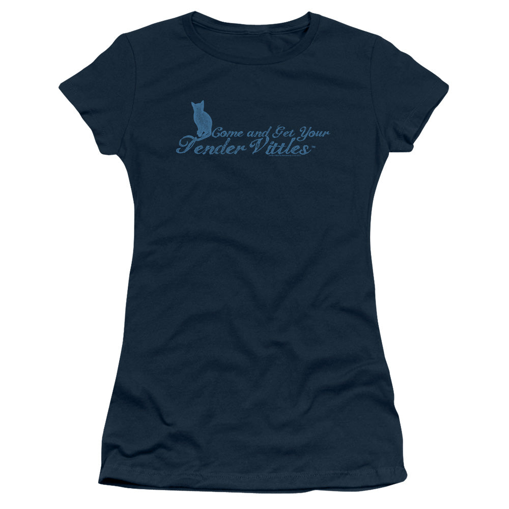 Tender Vittles Come And Get Em Junior Sheer Cap Sleeve Womens T Shirt Navy