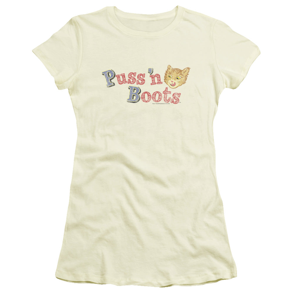 Tender Vittles Cat Face Logo Junior Sheer Cap Sleeve Womens T Shirt Cream