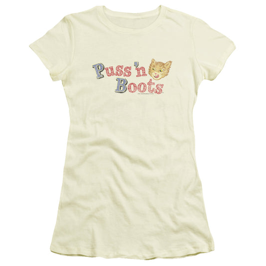 Tender Vittles Cat Face Logo Junior Sheer Cap Sleeve Womens T Shirt Cream