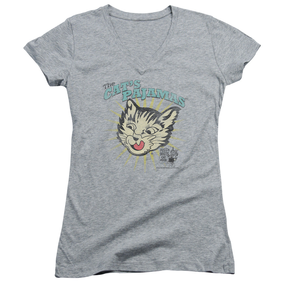 Puss N Boots Cats Pajamas Junior Sheer Cap Sleeve V Neck Womens T Shirt Athletic Heather