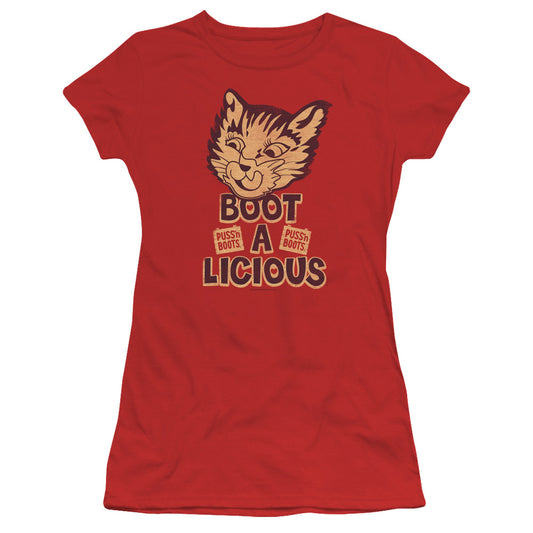 Puss N Boots Boot A Licious Junior Sheer Cap Sleeve Womens T Shirt Red