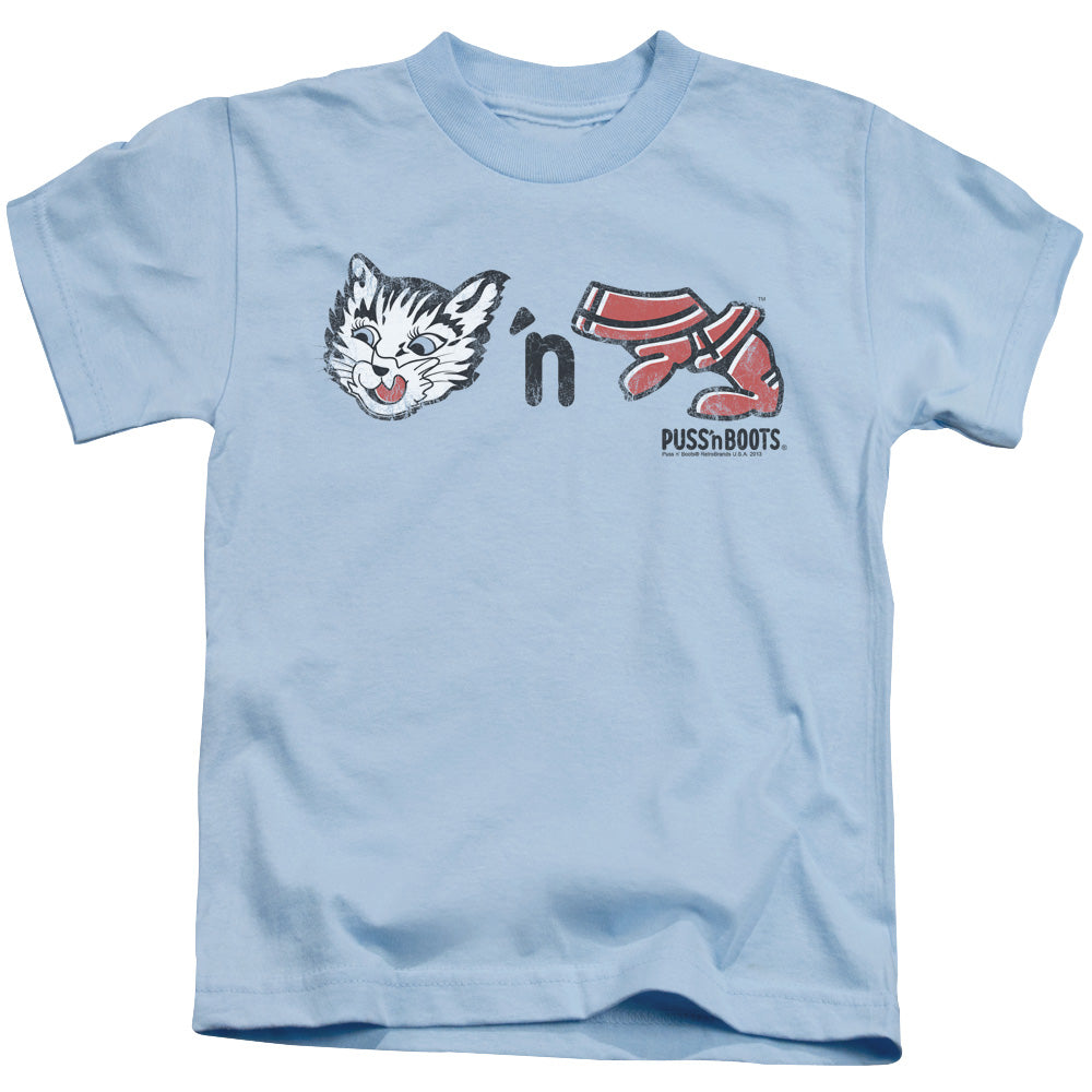 Puss N Boots Rebus Logo Juvenile Kids Youth T Shirt Light Blue