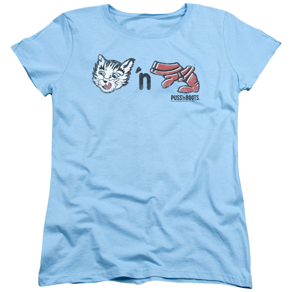 Puss N Boots Rebus Logo Womens T Shirt Light Blue