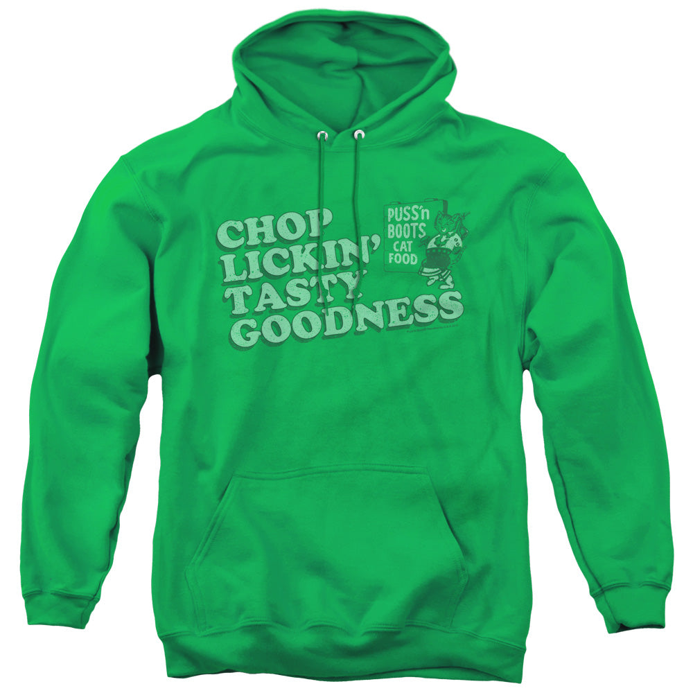 Puss N Boots Chop Lickin Tasty Goodness Mens Hoodie Kelly Green