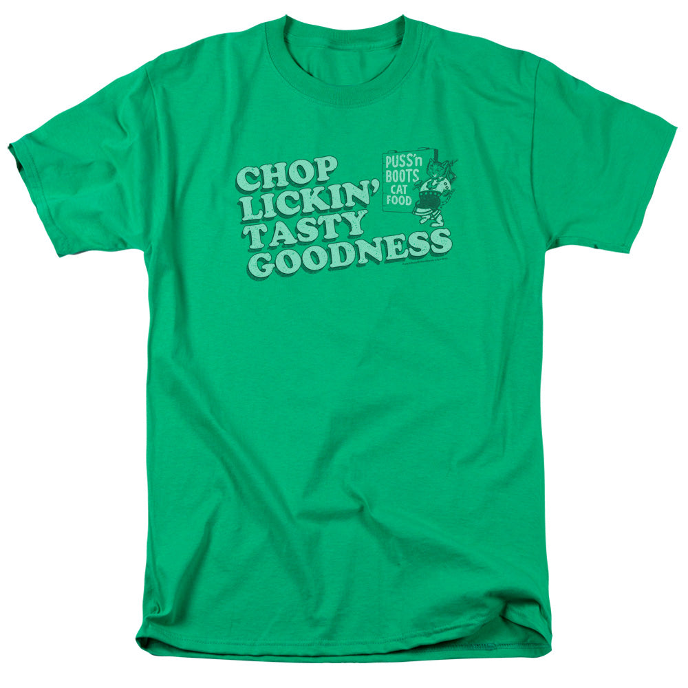 Puss N Boots Chop Lickin Tasty Goodness Mens T Shirt Kelly Green