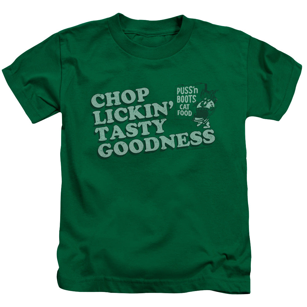 Puss N Boots Chop Lickin Tasty Goodness Juvenile Kids Youth T Shirt Kelly Green