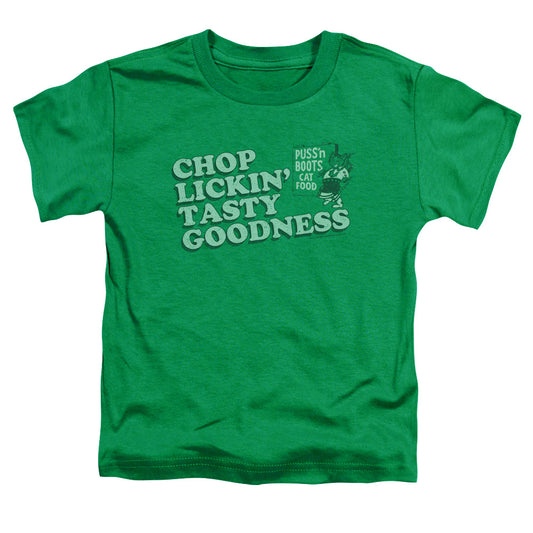 Puss N Boots Chop Lickin Tasty Goodness Toddler Kids Youth T Shirt Kelly Green