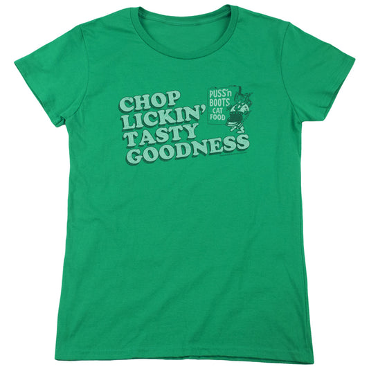 Puss N Boots Chop Lickin Tasty Goodness Womens T Shirt Kelly Green