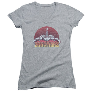 Scorpions Scorpions Color Logo Distressed Junior Sheer Cap Sleeve V-Neck Womens T Shirt Athletic Heather