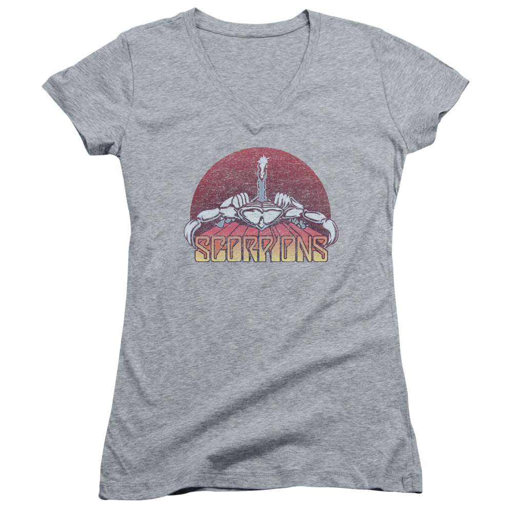 Scorpions Scorpions Color Logo Distressed Junior Sheer Cap Sleeve V-Neck Womens T Shirt Athletic Heather