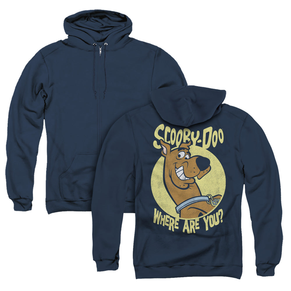 Scooby Doo Where Are You Back Print Zipper Mens Hoodie Navy Blue