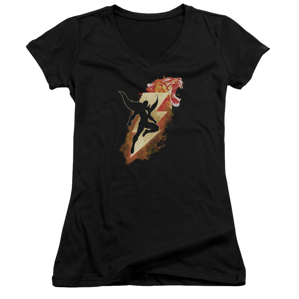 Shazam Movie Tiger Bolt Junior Sheer Cap Sleeve V Neck Womens T Shirt Black