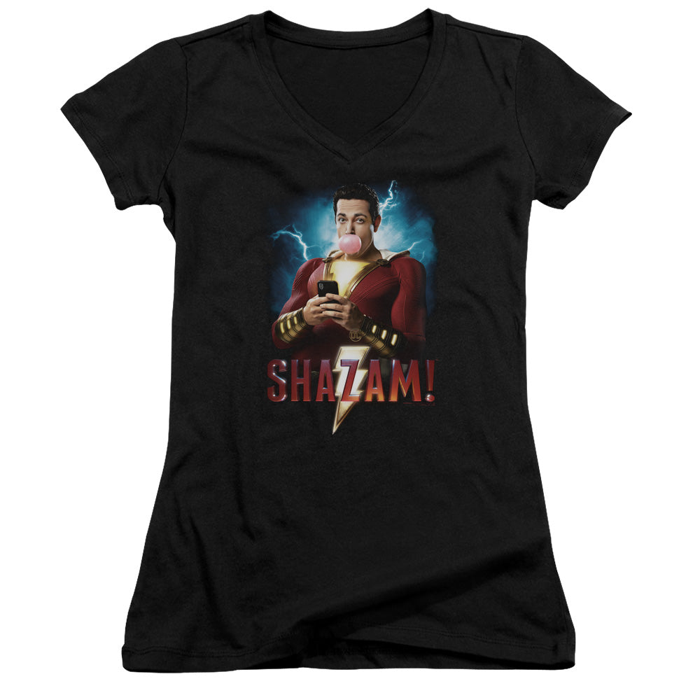 Shazam Movie Blowing Up Junior Sheer Cap Sleeve V Neck Womens T Shirt Black