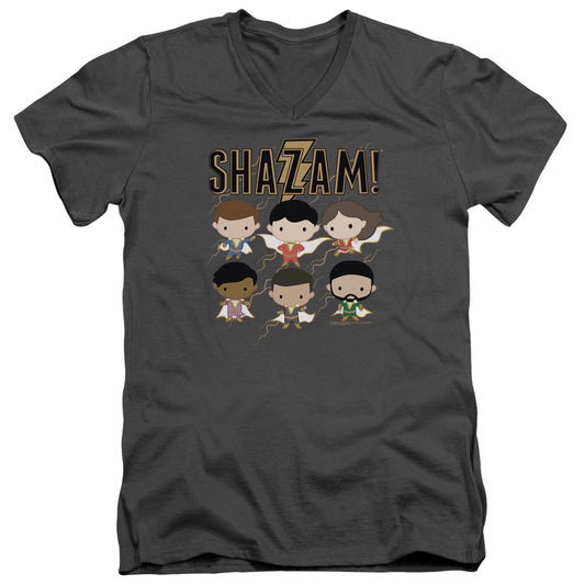 Shazam Movie Chibi Group Mens Slim Fit V Neck T Shirt Charcoal