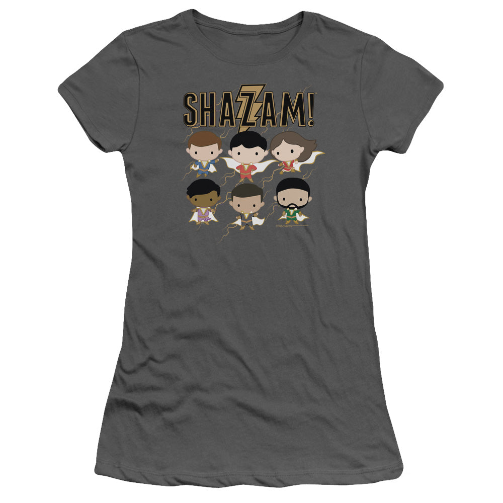 Shazam Movie Chibi Group Junior Sheer Cap Sleeve Womens T Shirt Charcoal