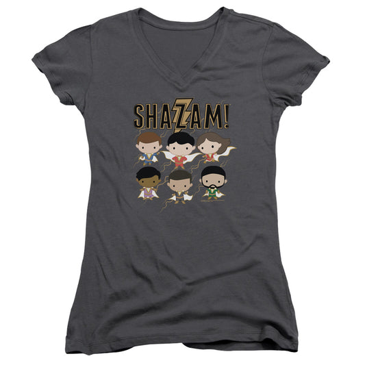 Shazam Movie Chibi Group Junior Sheer Cap Sleeve V Neck Womens T Shirt Charcoal