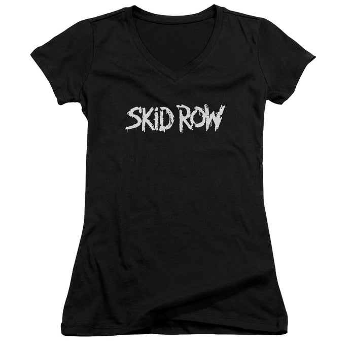 Skid Row Logo Junior Sheer Cap Sleeve V-Neck Womens T Shirt Black