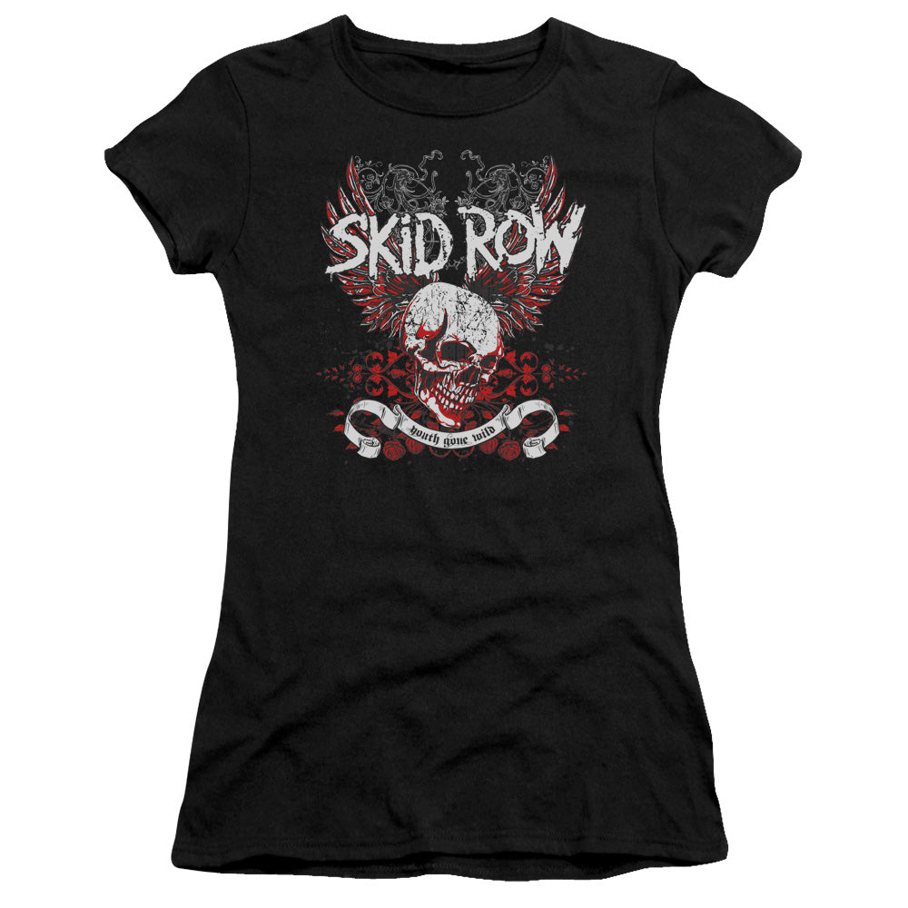 Skid Row Winged Skull Junior Sheer Cap Sleeve Womens T Shirt Black