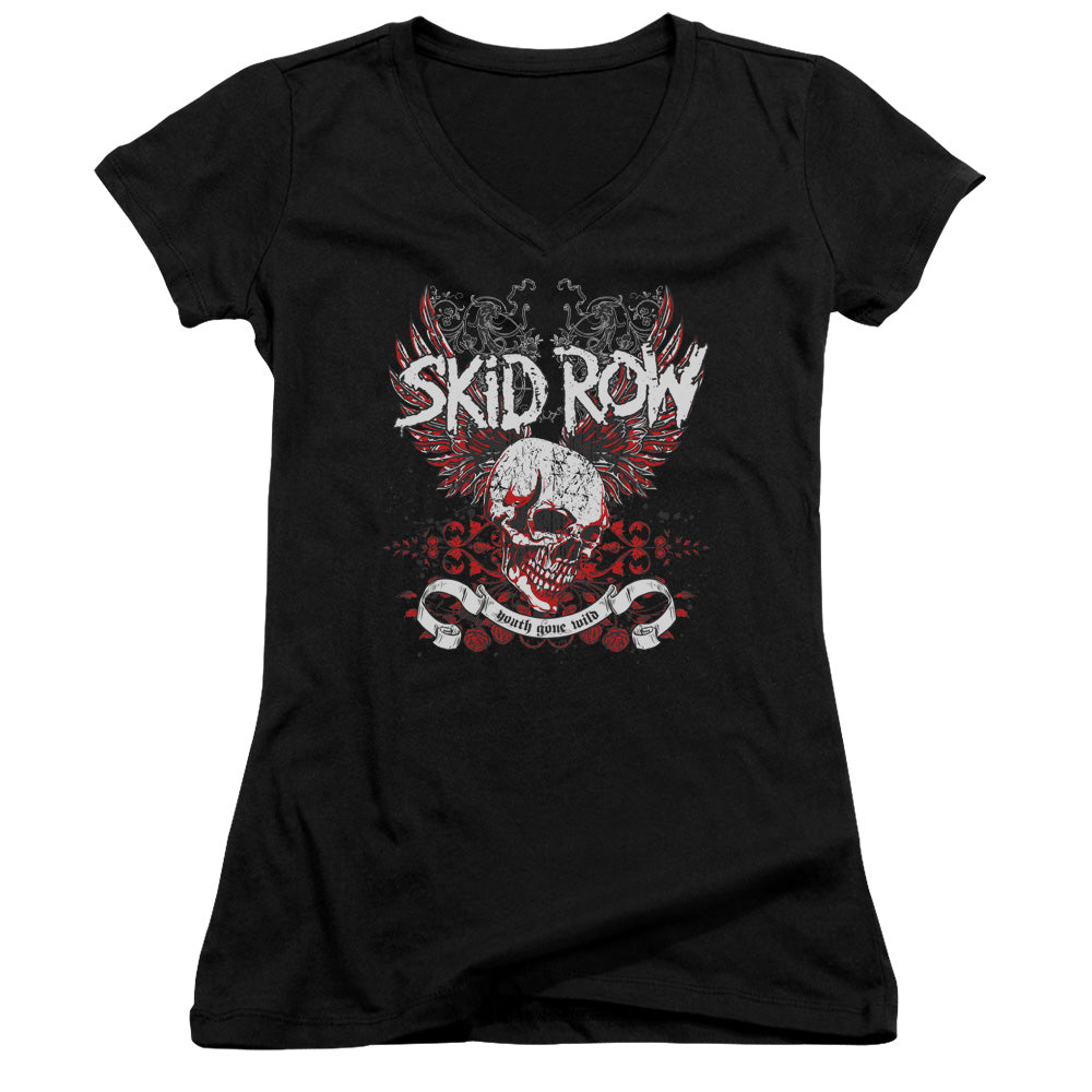 Skid Row Winged Skull Junior Sheer Cap Sleeve V-Neck Womens T Shirt Black