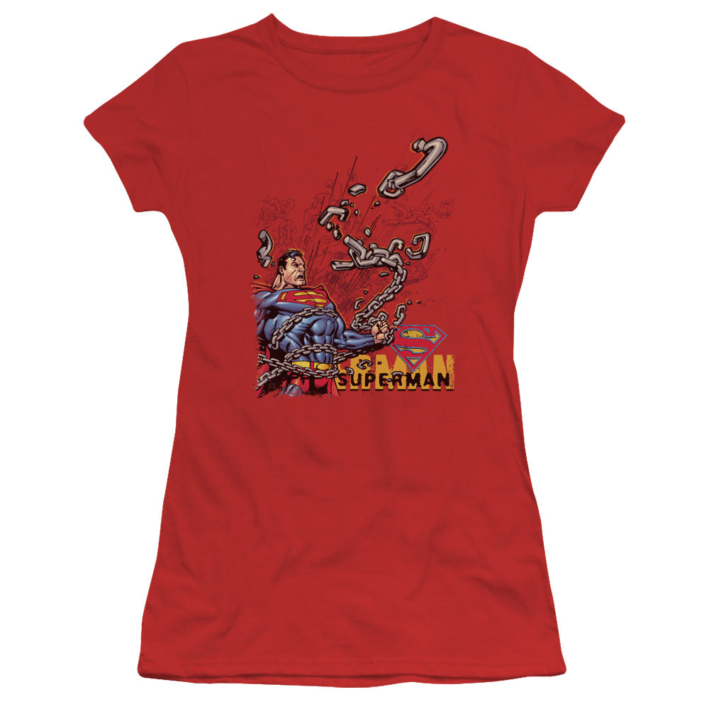 Superman Breaking Chains Junior Sheer Cap Sleeve Womens T Shirt Red