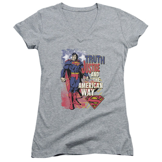 Superman Truth Justice Junior Sheer Cap Sleeve V Neck Womens T Shirt Athletic Heather