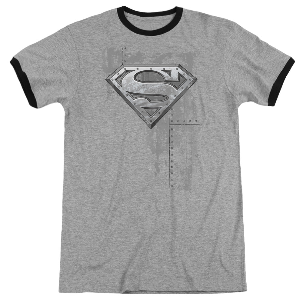 Superman Riveted Metal Heather Ringer Mens T Shirt Heather Black