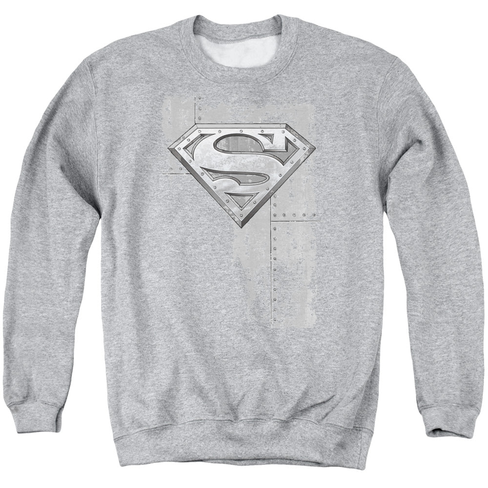 Superman Riveted Metal Mens Crewneck Sweatshirt Athletic Heather