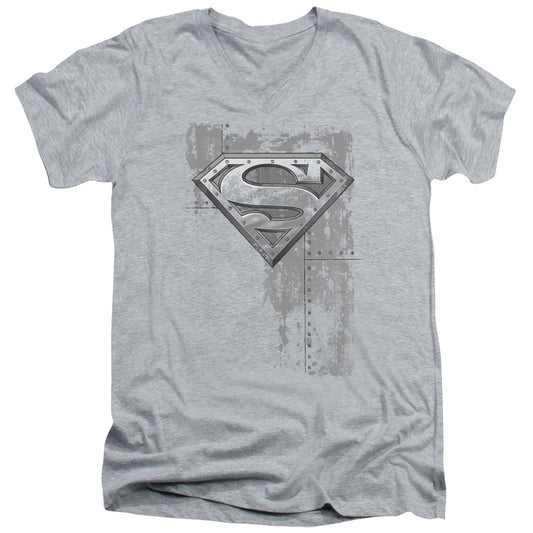 Superman Riveted Metal S S Adult V Neck Athletic Heather