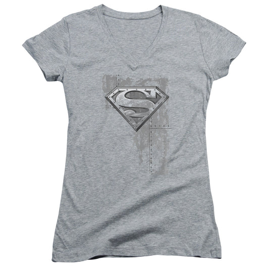 Superman Riveted Metal Junior Sheer Cap Sleeve V Neck Womens T Shirt Athletic Heather