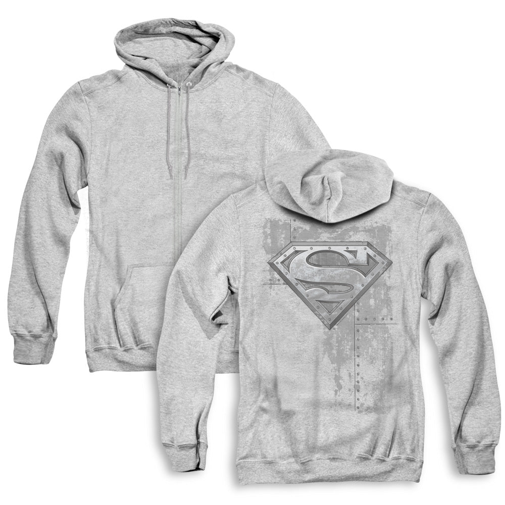 Superman Riveted Metal Back Print Zipper Mens Hoodie Athletic Heather