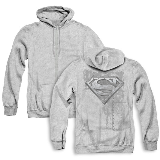 Superman Riveted Metal Back Print Zipper Mens Hoodie Athletic Heather