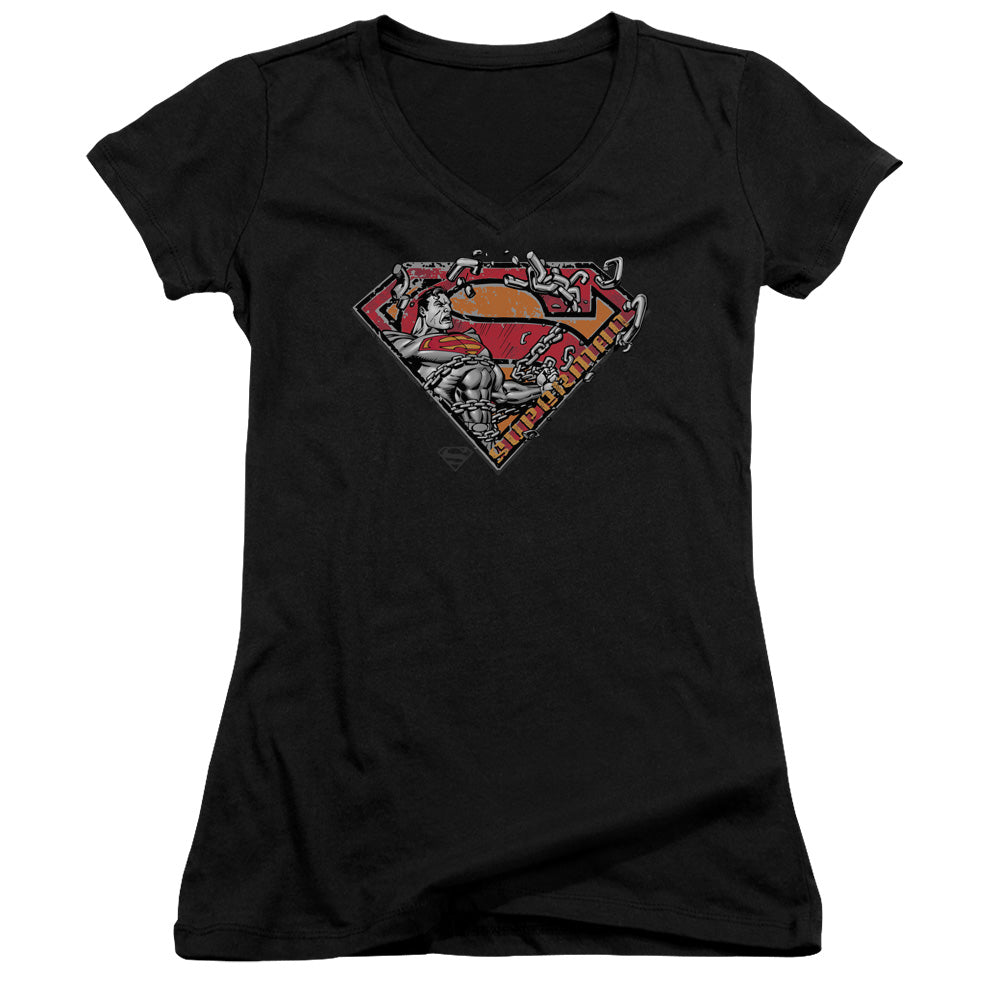 Superman Breaking Chain Logo Junior Sheer Cap Sleeve V Neck Womens T Shirt Black