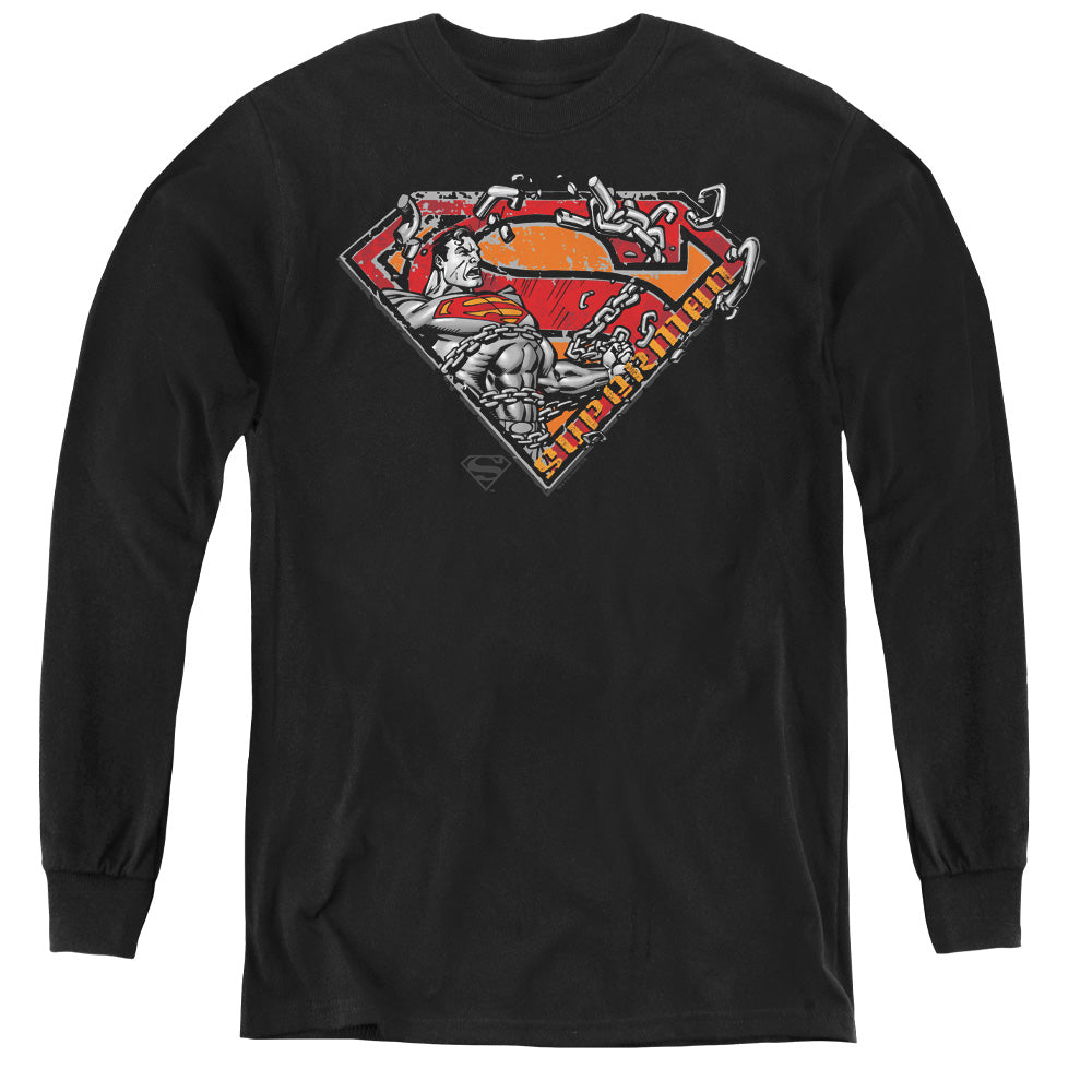 Superman Breaking Chain Logo Long Sleeve Kids Youth T Shirt Black