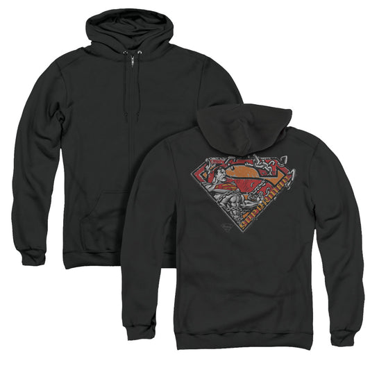 Superman Breaking Chain Logo Back Print Zipper Mens Hoodie Black