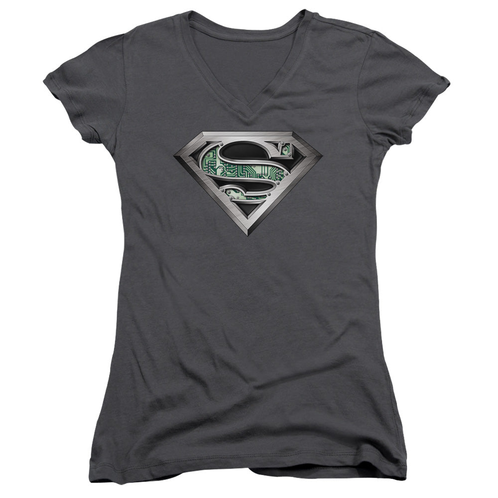 Superman Circuitry Logo Junior Sheer Cap Sleeve V Neck Womens T Shirt Charcoal