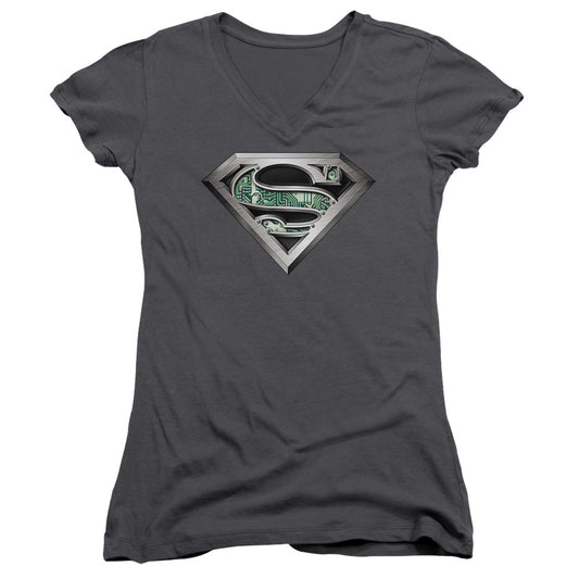 Superman Circuitry Logo Junior Sheer Cap Sleeve V Neck Womens T Shirt Charcoal