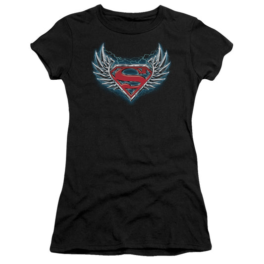 Superman Steel Wings Logo Junior Sheer Cap Sleeve Womens T Shirt Black