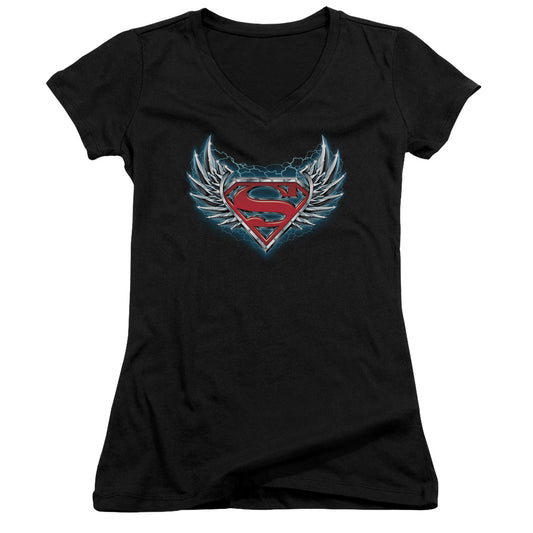 Superman Steel Wings Logo Junior Sheer Cap Sleeve V Neck Womens T Shirt Black